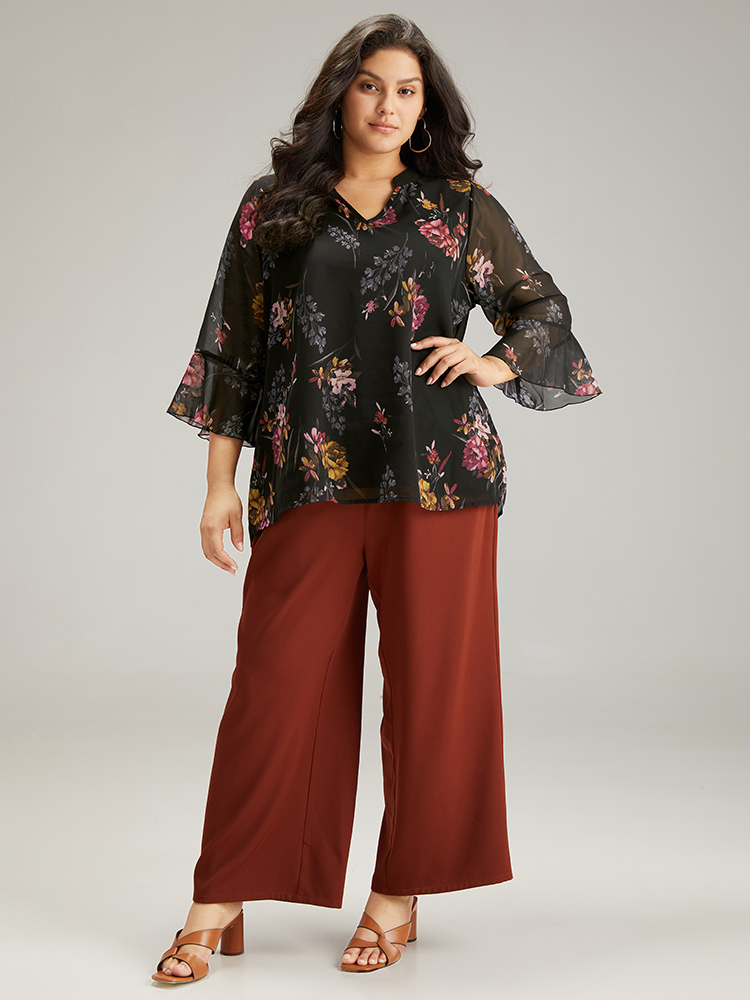 Plus Size Women Dailywear Floral Lined Ruffle Sleeve Long Sleeve V-neck Elegant Blouses BloomChic 
