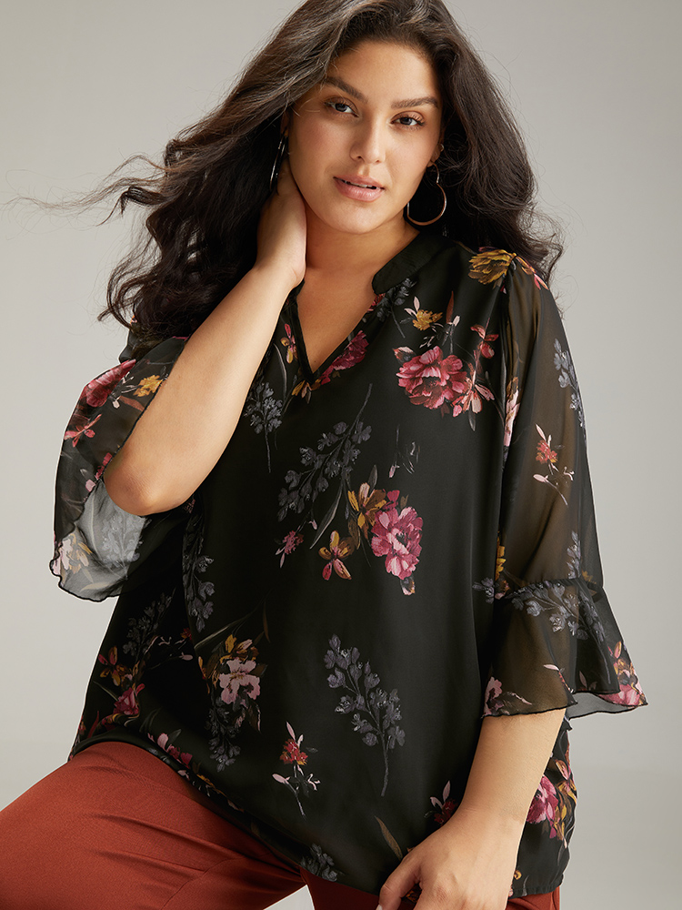 Plus Size Women Dailywear Floral Lined Ruffle Sleeve Long Sleeve V-neck Elegant Blouses BloomChic 
