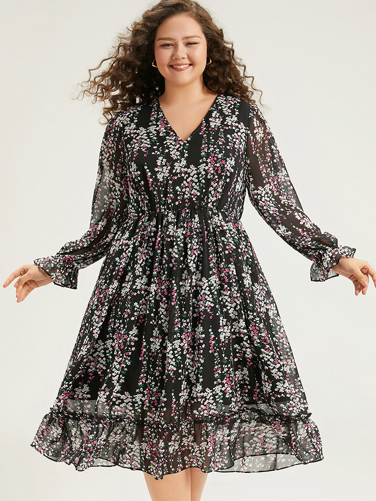 

Plus Size Ditsy Floral Chiffon Patchwork Frill Trim Dress Black Women Elegant See through V-neck Long Sleeve Curvy Midi Dress BloomChic