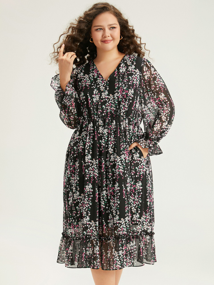 

Plus Size Ditsy Floral Chiffon Patchwork Frill Trim Dress Black Women Elegant See through V-neck Long Sleeve Curvy Midi Dress BloomChic