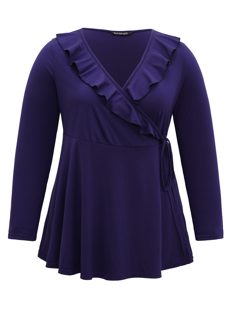 

Plus Size Plain Overlap Collar Ruffles Ties T-shirt DarkBlue Overlap Collar Long Sleeve Elegant Jersey Tops