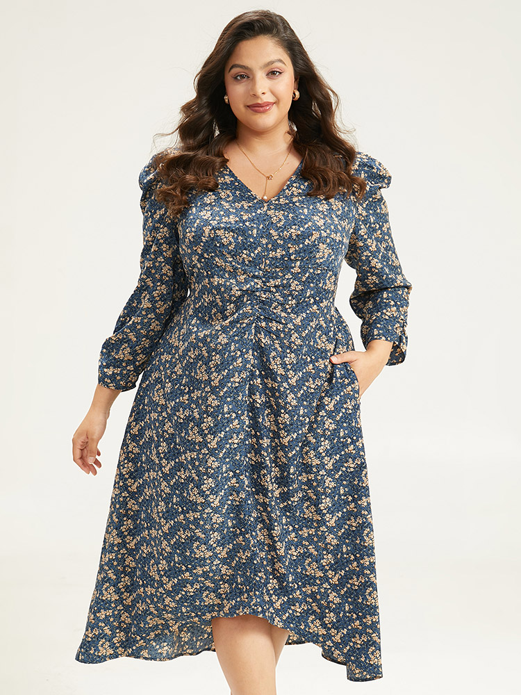 

Plus Size Ditsy Floral Ruched Puff Sleeve Dress Aegean Women Printed V-neck Elbow-length sleeve Curvy Midi Dress BloomChic