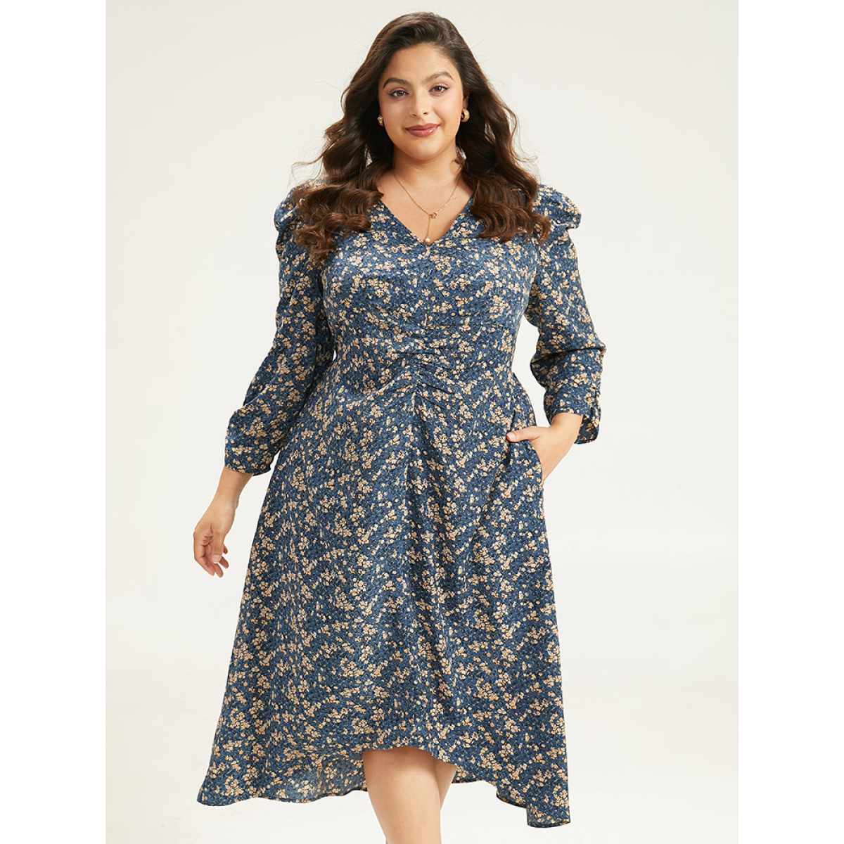 

Plus Size Ditsy Floral Ruched Puff Sleeve Dress Aegean Women Printed V-neck Elbow-length sleeve Curvy Midi Dress BloomChic