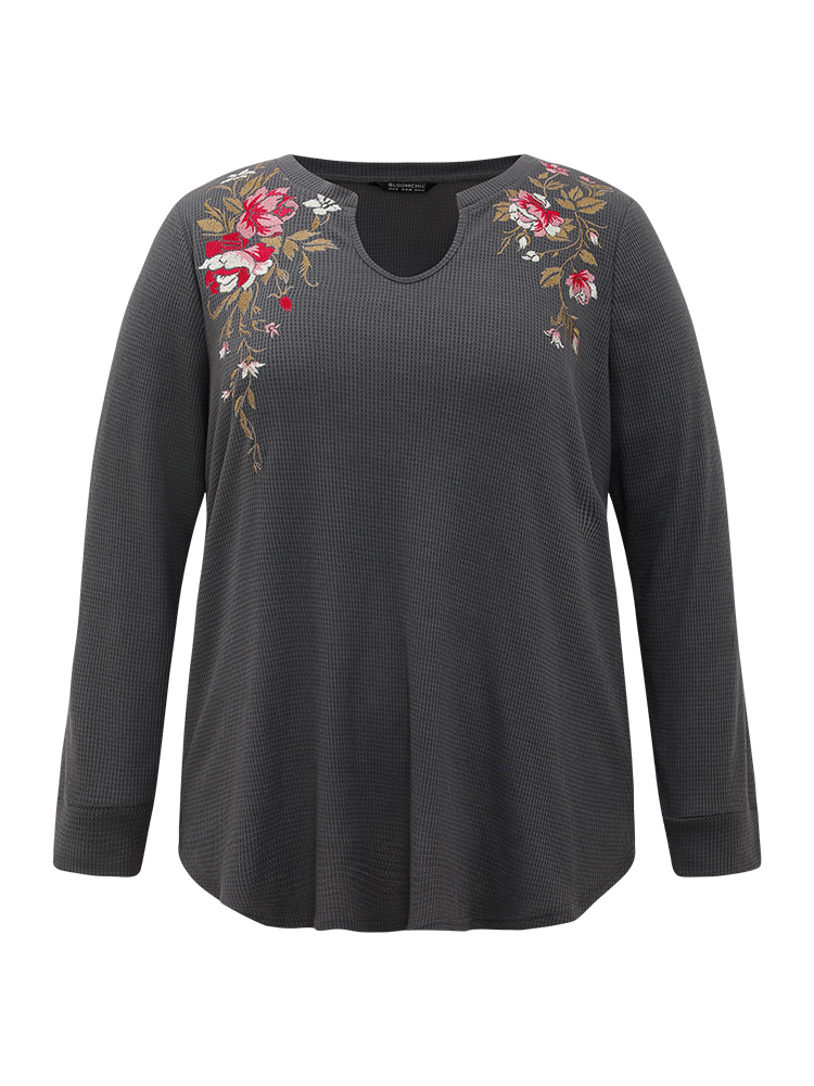 

Plus Size Floral Embroidered Notched Arc Hem Sweatshirt Women DimGray Casual Embroidered Notched collar Dailywear Sweatshirts BloomChic