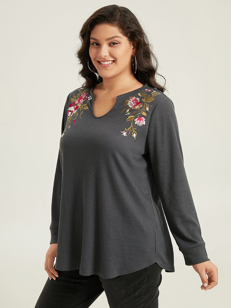 Plus Size Floral Embroidered Notched Arc Hem Sweatshirt Women DimGray Casual Embroidered Notched collar Dailywear Sweatshirts BloomChic 12/L 