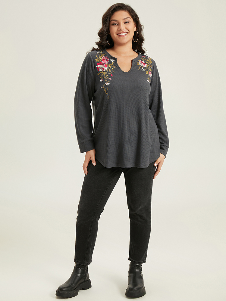 Plus Size Floral Embroidered Notched Arc Hem Sweatshirt Women DimGray Casual Embroidered Notched collar Dailywear Sweatshirts BloomChic 12/L 
