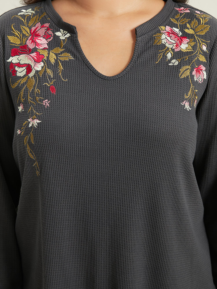 Plus Size Floral Embroidered Notched Arc Hem Sweatshirt Women DimGray Casual Embroidered Notched collar Dailywear Sweatshirts BloomChic 12/L 