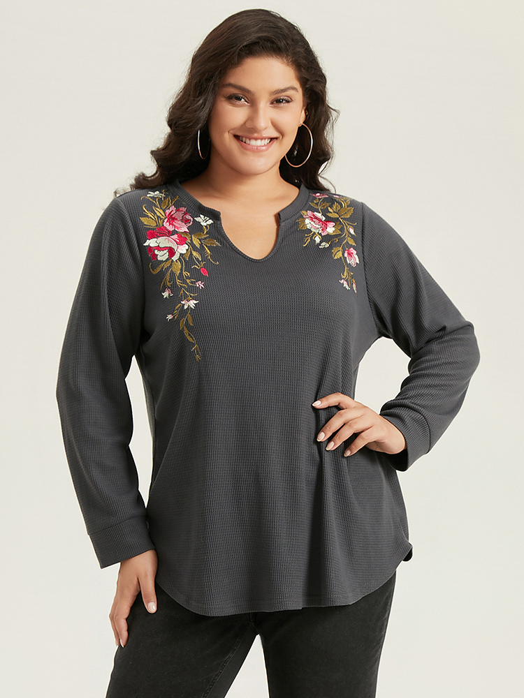Plus Size Floral Embroidered Notched Arc Hem Sweatshirt Women DimGray Casual Embroidered Notched collar Dailywear Sweatshirts BloomChic 12/L 