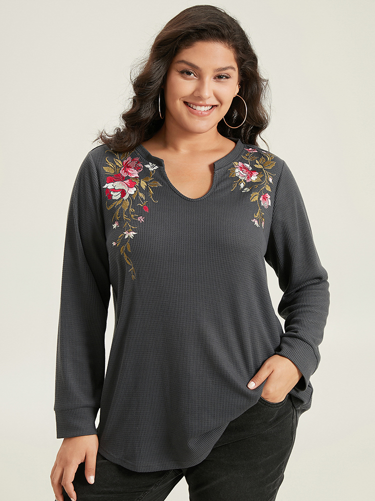Plus Size Floral Embroidered Notched Arc Hem Sweatshirt Women DimGray Casual Embroidered Notched collar Dailywear Sweatshirts BloomChic 12/L 