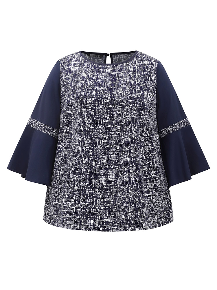 Plus Size Women Dailywear Patchwork Ruffles Ruffle Sleeve Long Sleeve Round Neck Vacation Blouses BloomChic 