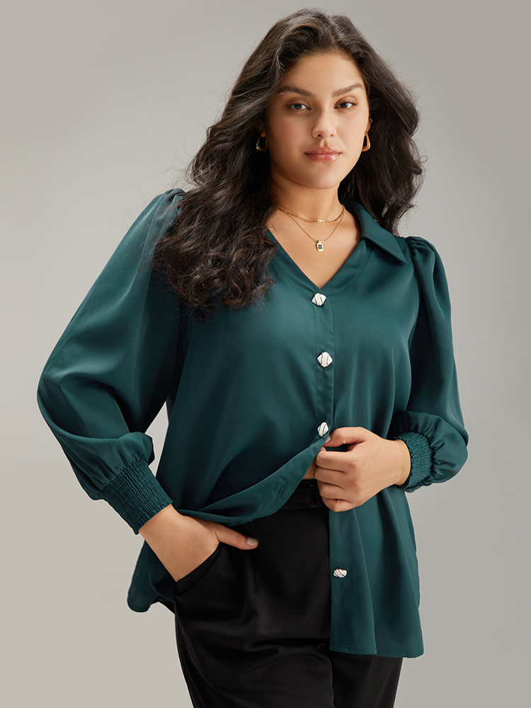 

Plus Size Button Through Puff Sleeve Shirred Blouse DarkGreen Long Sleeve Shirt collar Office Shirts