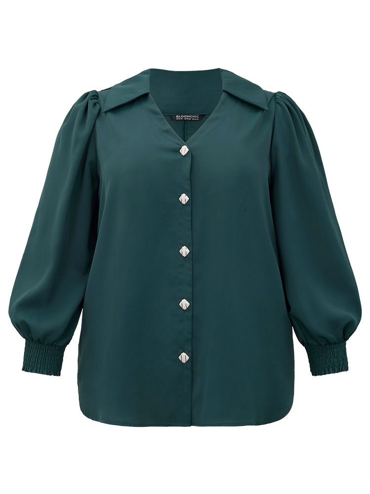 

Plus Size Button Through Puff Sleeve Shirred Blouse DarkGreen Long Sleeve Shirt collar Office Shirts