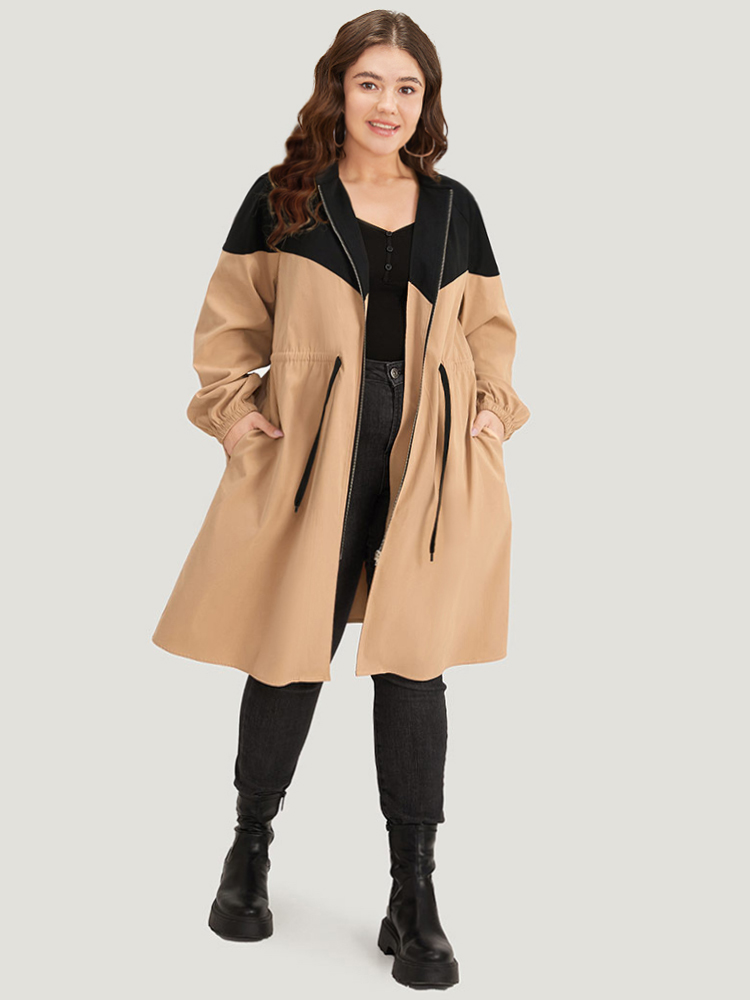 

Plus Size Two Tone Drawstring Stand Collar Trench Coat Women LightBrown Dailywear Elastic cuffs Plain  Pocket Casual Trench Coats BloomChic