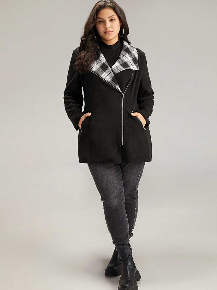 

Plus Size Plaid Patchwork Lapel Collar Zipper Coat Women Black Elegant Contrast Ladies Everyday Winter Coats BloomChic