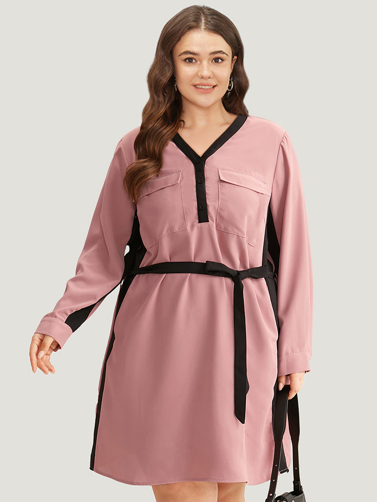 

Plus Size Twill Two Tone Metal Button Up Belted Dress DustyPink Women Office Belted V-neck Long Sleeve Curvy Knee Dress BloomChic