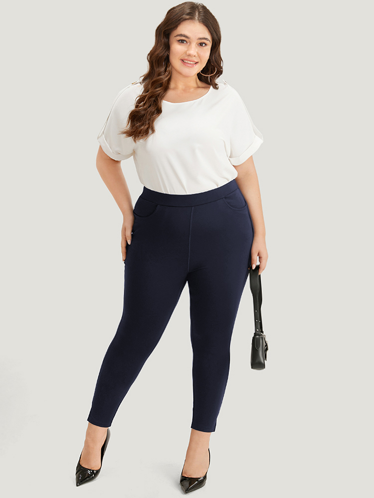 

Plus Size Plain Skinny Split Hem Pocket Pants Women Indigo Office High stretch Skinny High Rise Work Leggings BloomChic