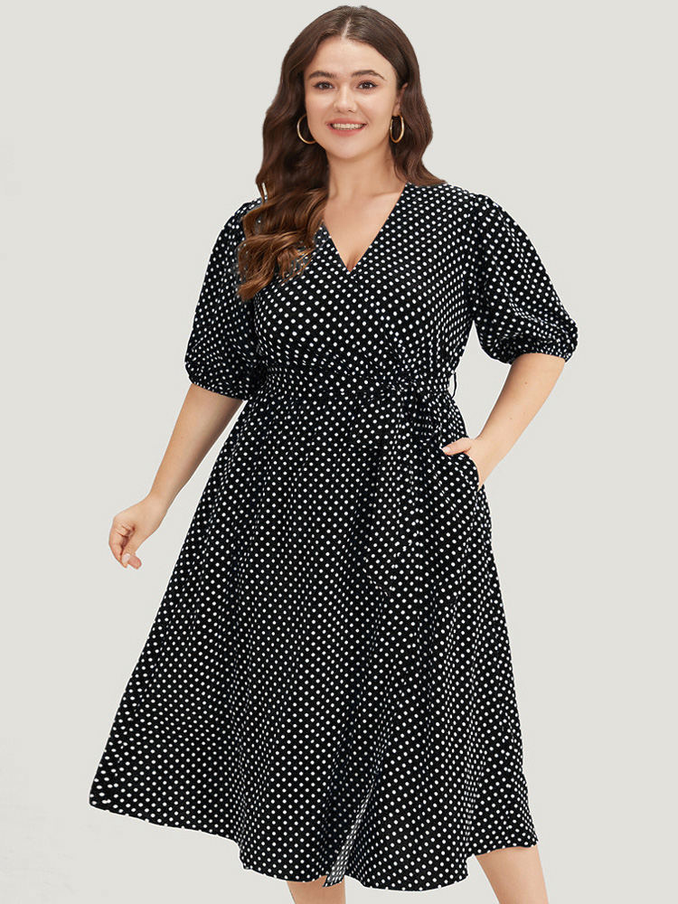 

Plus Size Polka Dot Belted Lantern Sleeve Surplice Neck Dress Black Women Office Elastic cuffs V-neck Short sleeve Curvy Midi Dress BloomChic