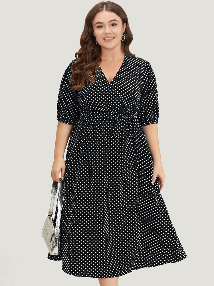Plus Size Polka Dot Belted Lantern Sleeve Surplice Neck Dress Black Women Office Elastic cuffs V-neck Short sleeve Curvy Midi Dress BloomChic 28/5X 