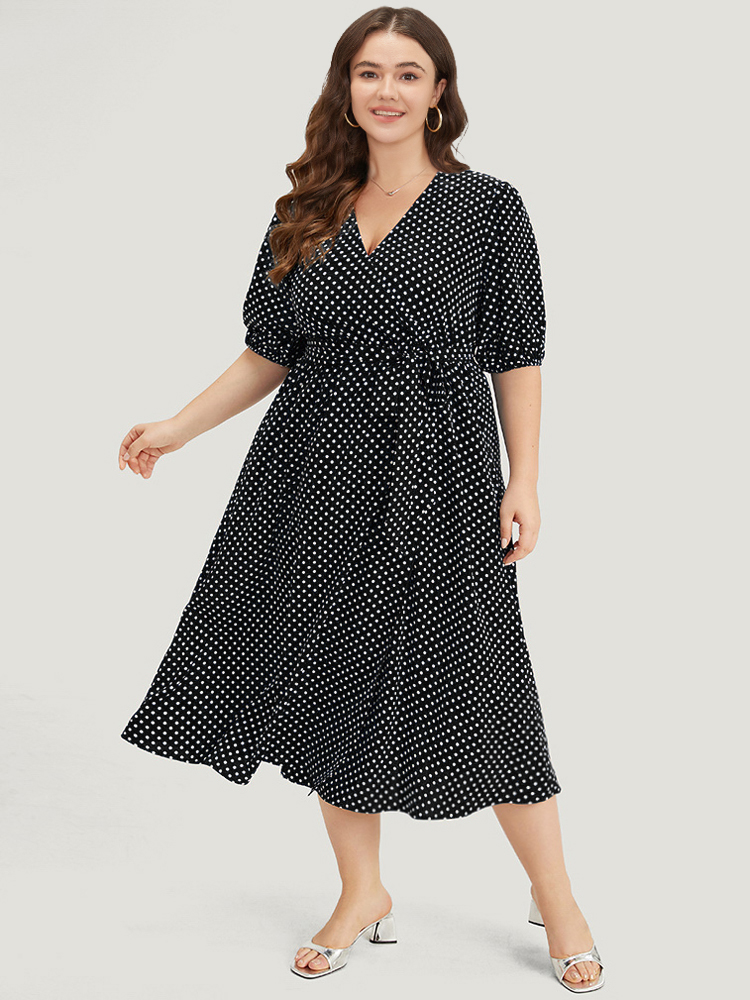 

Plus Size Polka Dot Belted Lantern Sleeve Surplice Neck Dress Black Women Office Elastic cuffs V-neck Short sleeve Curvy Midi Dress BloomChic