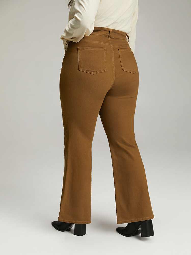 Plus Size Cotton Plain Color Wash Bootcut Jeans Women Bronze Casual Plain Plain High stretch Pocket Jeans BloomChic 16/1X 