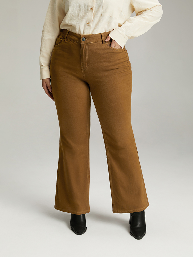 Plus Size Cotton Plain Color Wash Bootcut Jeans Women Bronze Casual Plain Plain High stretch Pocket Jeans BloomChic 16/1X 