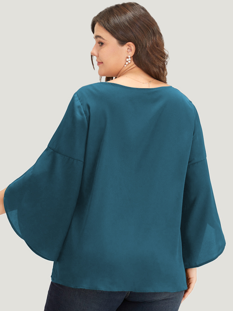 

Plus Size Aegean Plain Wrap Flutter Sleeve Crew Neck Blouse Women Office Elbow-length sleeve Round Neck Work Blouses BloomChic