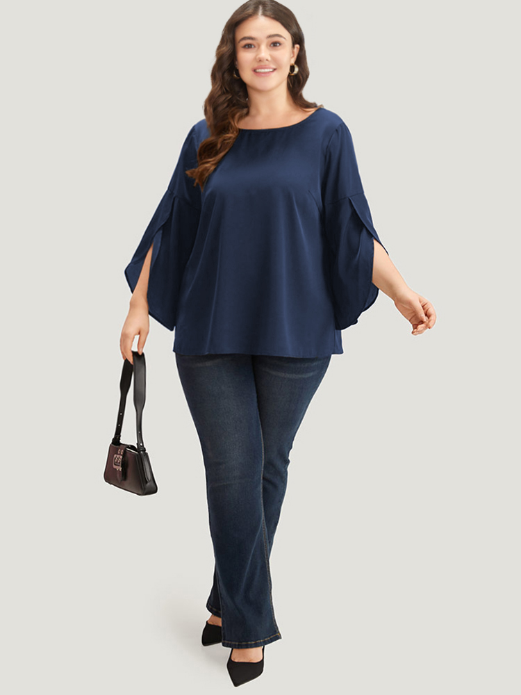 

Plus Size Indigo Plain Wrap Flutter Sleeve Crew Neck Blouse Women Office Elbow-length sleeve Round Neck Work Blouses BloomChic