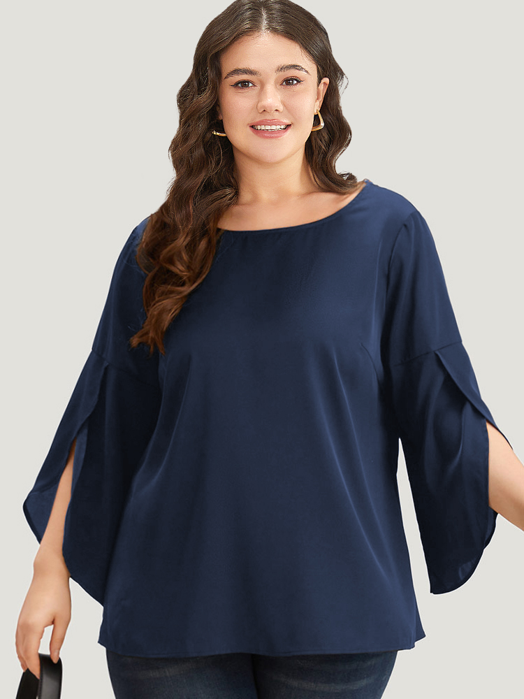 

Plus Size Indigo Plain Wrap Flutter Sleeve Crew Neck Blouse Women Office Elbow-length sleeve Round Neck Work Blouses BloomChic