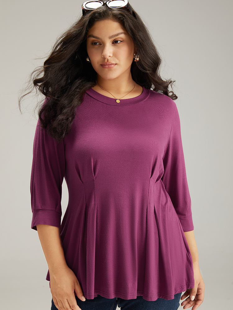 

Plus Size Plain Pleated Flutter Hem T-shirt Purple Round Neck Elbow-length sleeve Elegant Jersey Tops