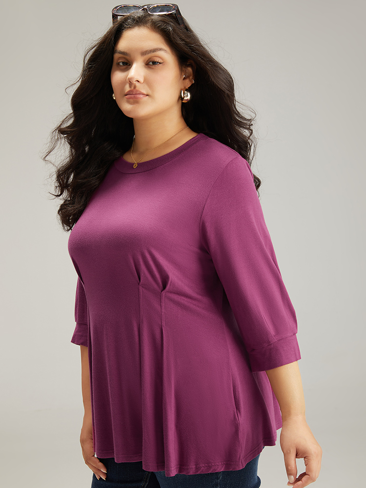 Plus Size Women Dailywear Plain Pleated Lantern Sleeve Elbow-length sleeve Round Neck Elegant T-shirts BloomChic 
