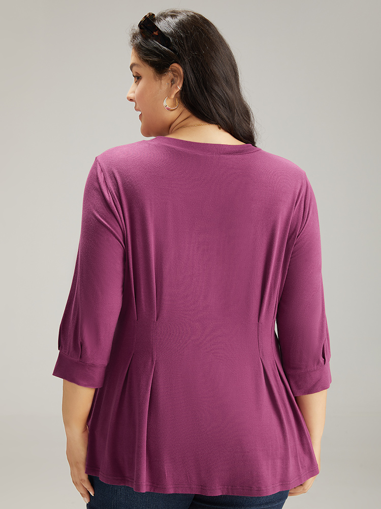 Plus Size Women Dailywear Plain Pleated Lantern Sleeve Elbow-length sleeve Round Neck Elegant T-shirts BloomChic 