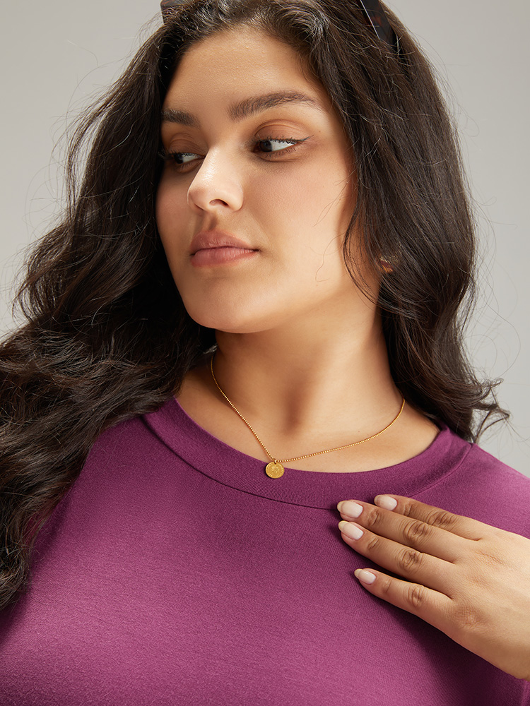 Plus Size Women Dailywear Plain Pleated Lantern Sleeve Elbow-length sleeve Round Neck Elegant T-shirts BloomChic 