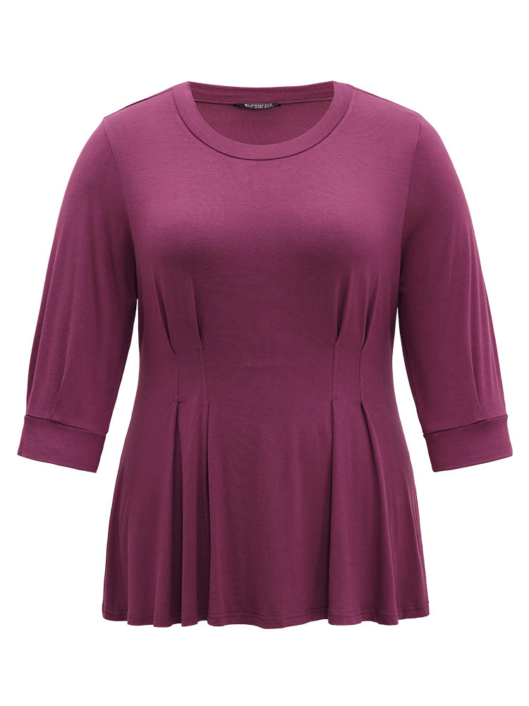 Plus Size Women Dailywear Plain Pleated Lantern Sleeve Elbow-length sleeve Round Neck Elegant T-shirts BloomChic 