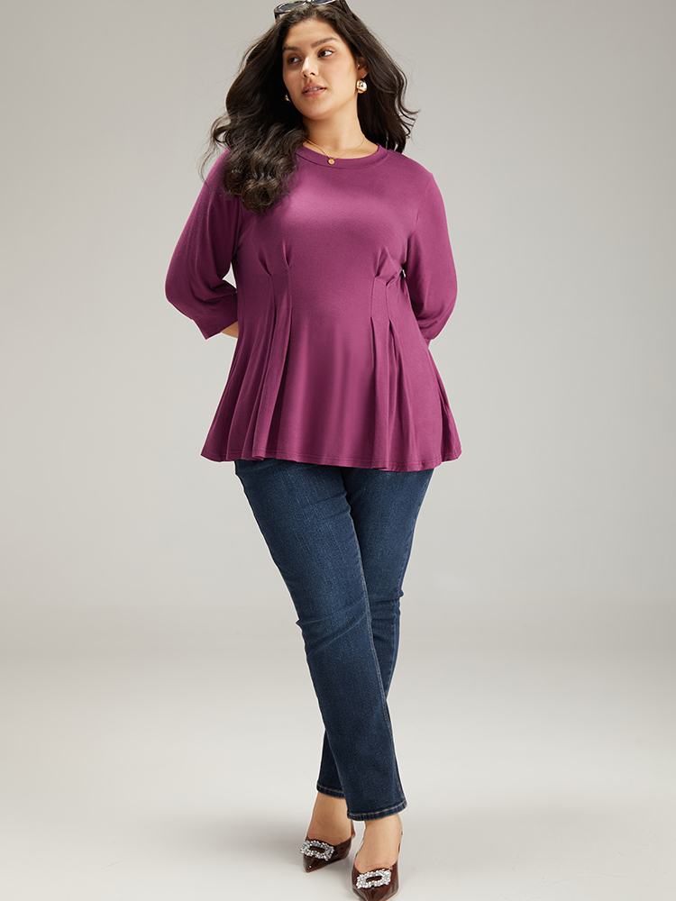 Plus Size Women Dailywear Plain Pleated Lantern Sleeve Elbow-length sleeve Round Neck Elegant T-shirts BloomChic 