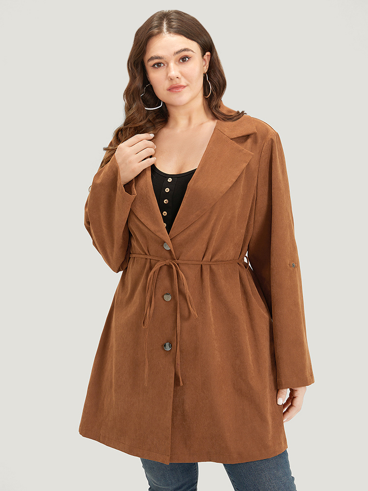 

Plus Size Plain Corduroy Belted Bowknot Roll Tab Sleeve Coat Women Bronze Casual Plain Ladies Dailywear Winter Coats BloomChic