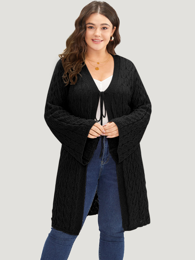 

Plus Size Geometric Eyelet Tie Front Bell Sleeve Tunic Cardigan Black Women Casual Loose Long Sleeve Dailywear Cardigans BloomChic