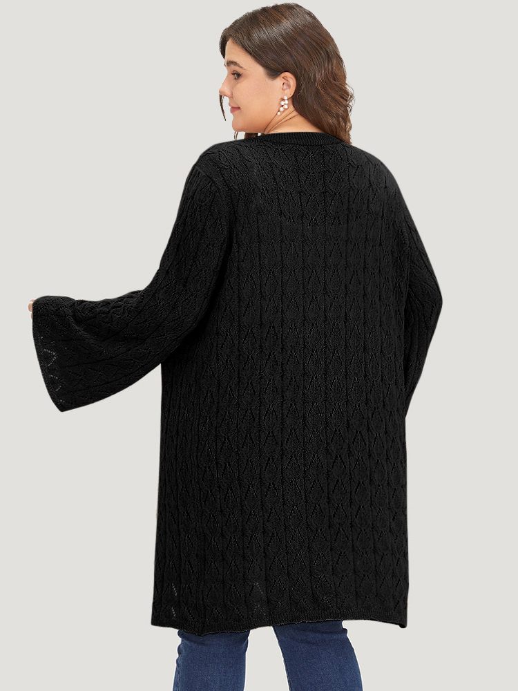 

Plus Size Geometric Eyelet Tie Front Bell Sleeve Tunic Cardigan Black Women Casual Loose Long Sleeve Dailywear Cardigans BloomChic