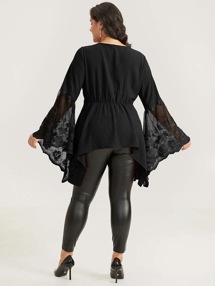 Plus Size Black Halloween Solid Mesh Bell Sleeve Ruched Bowknot Blouse Women Elegant Long Sleeve V-neck Festival-Halloween Blouses BloomChic 10/M 