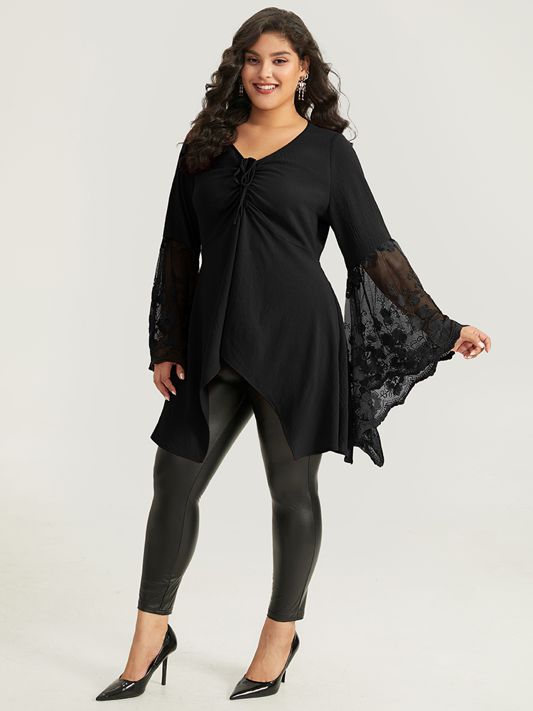 Plus Size Black Halloween Solid Mesh Bell Sleeve Ruched Bowknot Blouse Women Elegant Long Sleeve V-neck Festival-Halloween Blouses BloomChic 10/M 