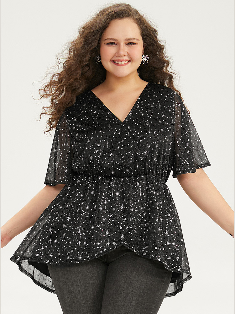 Plus Size Women Festival-Halloween Moon and Star Lined Ruffle Sleeve Short sleeve V-neck Elegant Blouses BloomChic 