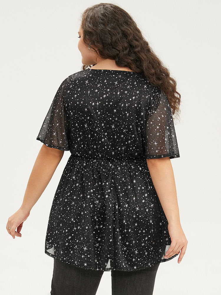 Plus Size Women Festival-Halloween Moon and Star Lined Ruffle Sleeve Short sleeve V-neck Elegant Blouses BloomChic 