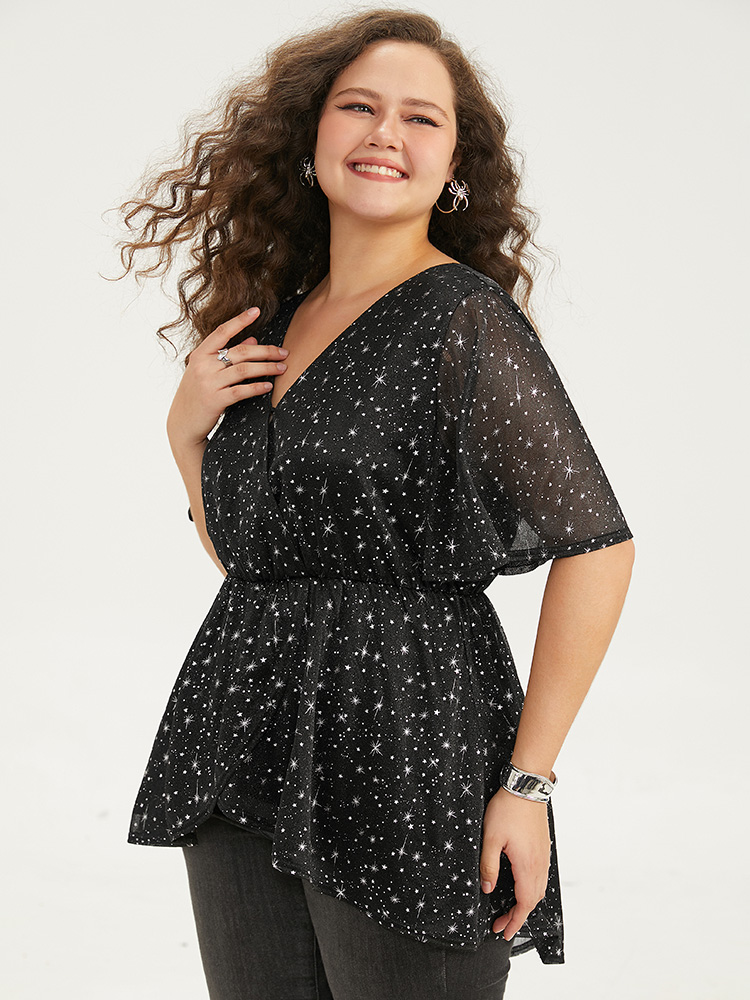 

Plus Size Black Halloween Star Glitter Wrap Mesh Flutter Sleeve Blouse Women Elegant Short sleeve V-neck Festival-Halloween Blouses BloomChic