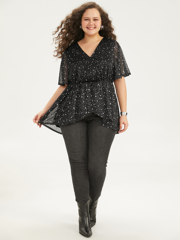 Plus Size Women Festival-Halloween Moon and Star Lined Ruffle Sleeve Short sleeve V-neck Elegant Blouses BloomChic 