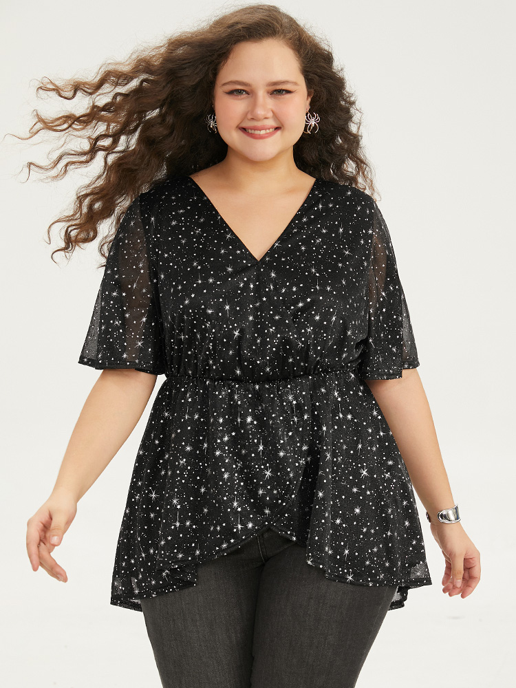 Plus Size Women Festival-Halloween Moon and Star Lined Ruffle Sleeve Short sleeve V-neck Elegant Blouses BloomChic 