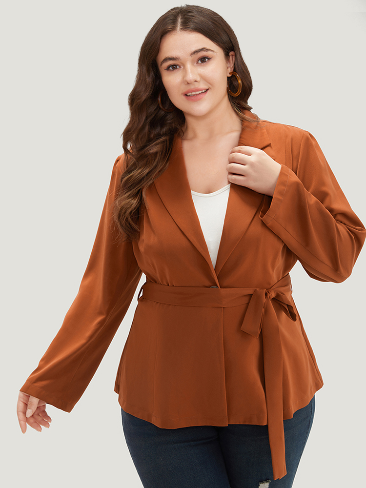 

Plus Size Solid Belted Suit Collar Blazer Chocolate Women Dailywear Plain Plain Sleeve Long Sleeve Suit Collar  Belt Casual Blazers BloomChic