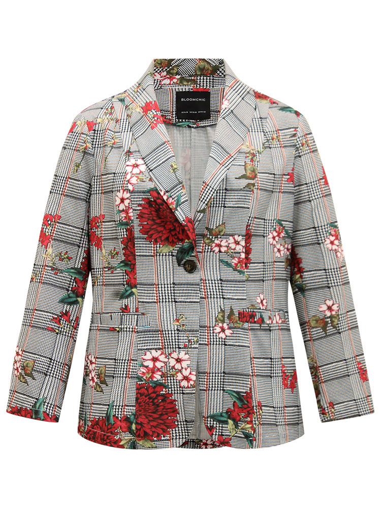 Plus Size Women Dailywear Plaid Pocket Regular Sleeve Long Sleeve Lapel Collar Pocket Elegant Blazers BloomChic 