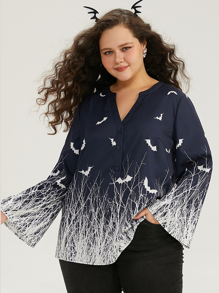 

Plus Size Indigo Halloween Silhouette Floral Print Bat Flutter Sleeve Blouse Women Elegant Long Sleeve Collared Neck Festival-Halloween Blouses BloomChic