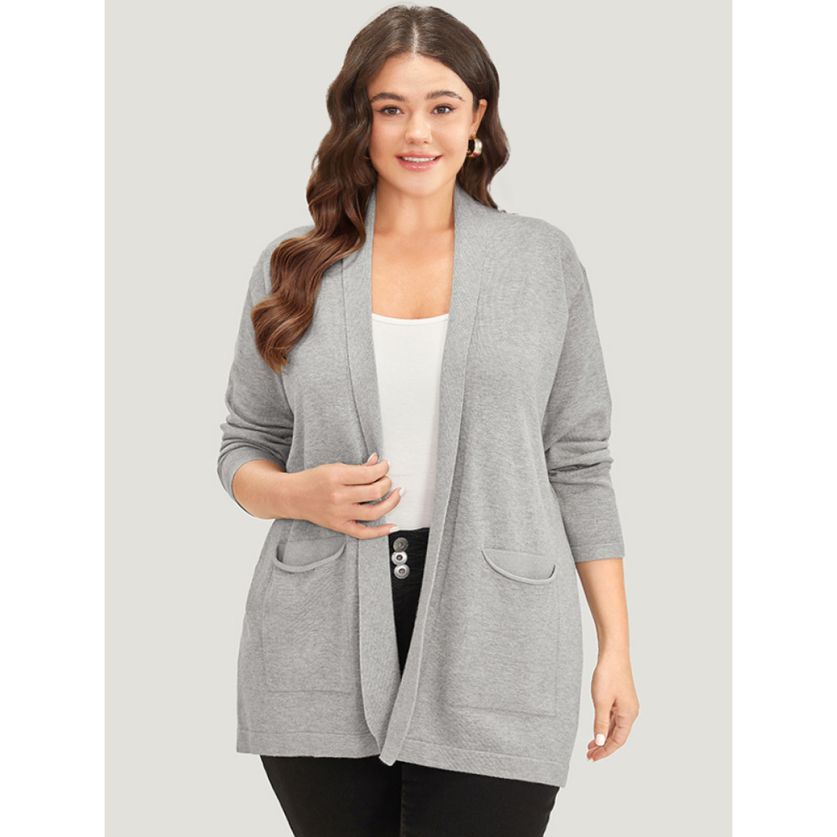 

Plus Size Supersoft Essentials Plain Lapel Collar Patched Pocket Cardigan DarkGray Women Basics Loose Long Sleeve Everyday Cardigans BloomChic