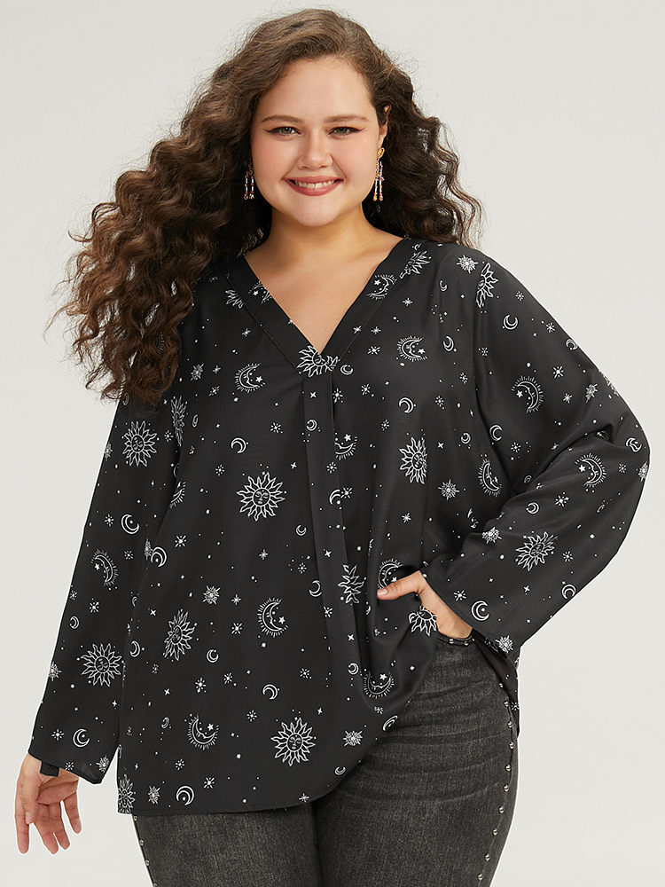 

Plus Size Black Halloween Moon & Star Print Pleated Tab Sleeve Blouse Women Elegant Elbow-length sleeve V-neck Festival-Halloween Blouses BloomChic