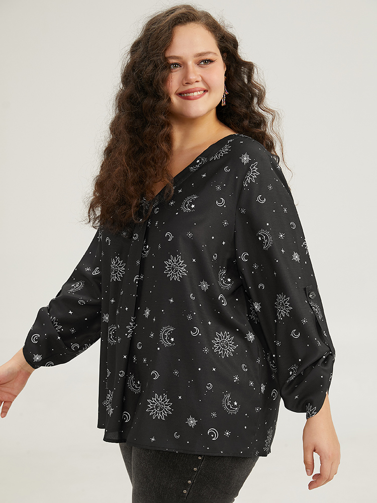 Plus Size Black Halloween Moon & Star Print Pleated Tab Sleeve Blouse Women Elegant Elbow-length sleeve V-neck Festival-Halloween Blouses BloomChic 10/M 